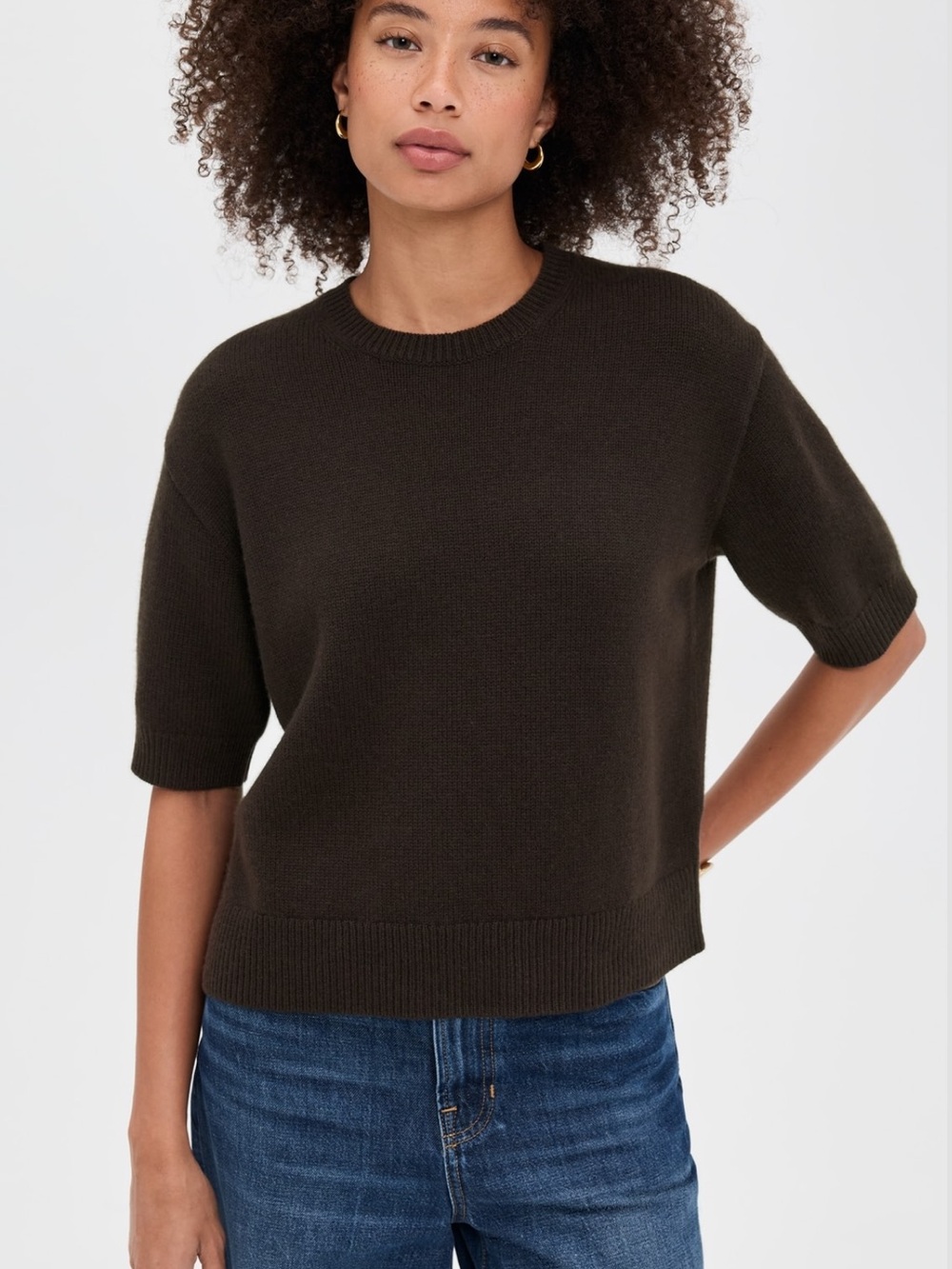 Theory Women's Short sleeved cashmere Crewneck Sweater in Dark Brown - Picture 2 of 6